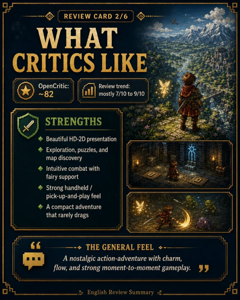 Review card showing what critics like about The Adventures of Elliot, including HD-2D visuals, exploration, puzzles, and combat.