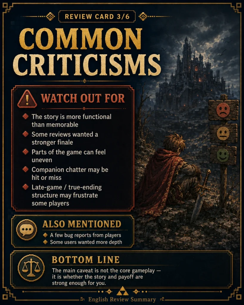 Review card summarizing common criticisms of The Adventures of Elliot, including story simplicity, uneven pacing, and late-game concerns.