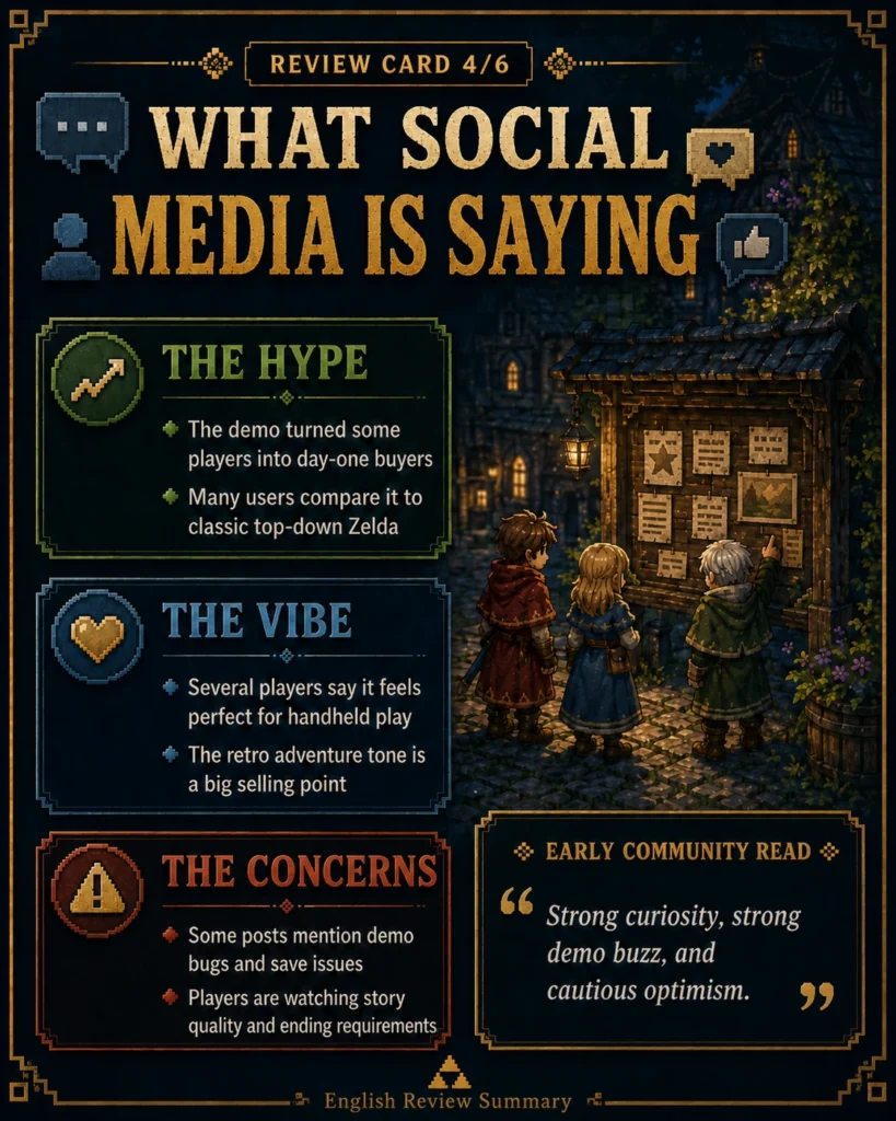 Social media reaction card for The Adventures of Elliot showing hype, player impressions, concerns, and early community sentiment.
