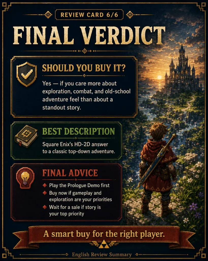 Final verdict card for The Adventures of Elliot recommending the game for players who value exploration, combat, and old-school adventure feel.
