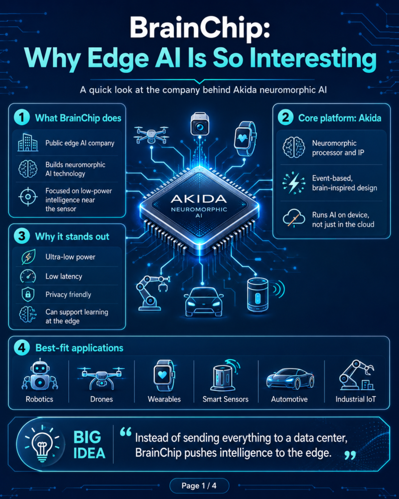 Infographic explaining BrainChip, Akida neuromorphic AI, ultra-low-power edge processing, on-device intelligence, and best-fit applications such as robotics, drones, wearables, automotive, and industrial IoT.
