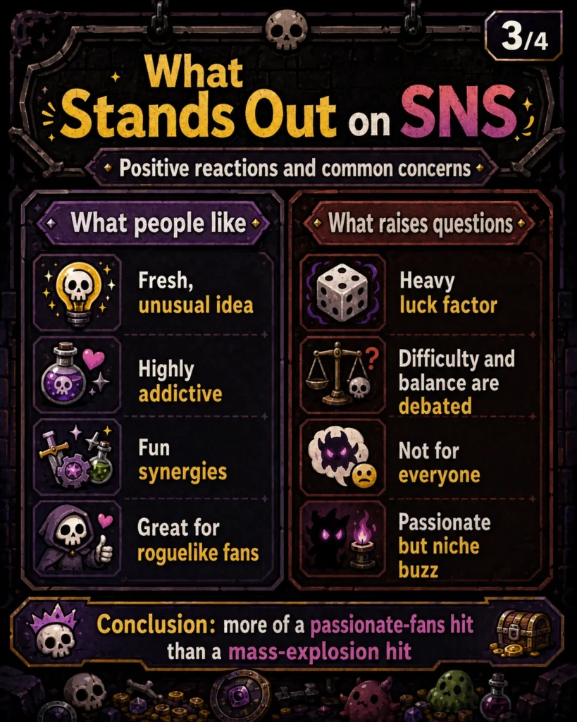 Dungeon Clawler+ SNS reactions showing player praise and common concerns