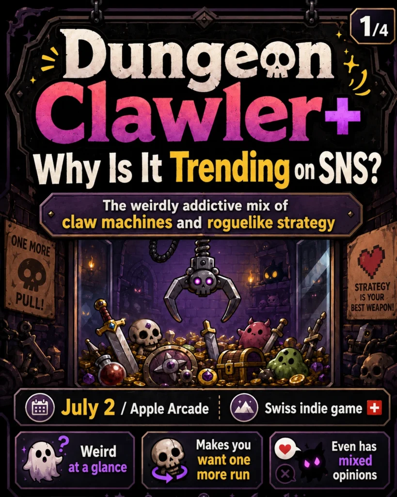 Dungeon Clawler+ claw machine roguelike infographic explaining why it is trending on SNS