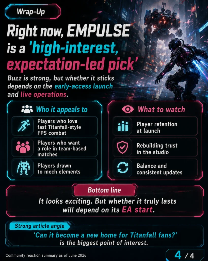 Early-access expectations for EMPULSE focus on player retention, studio trust, balance updates, and whether it can become a new home for Titanfall fans.