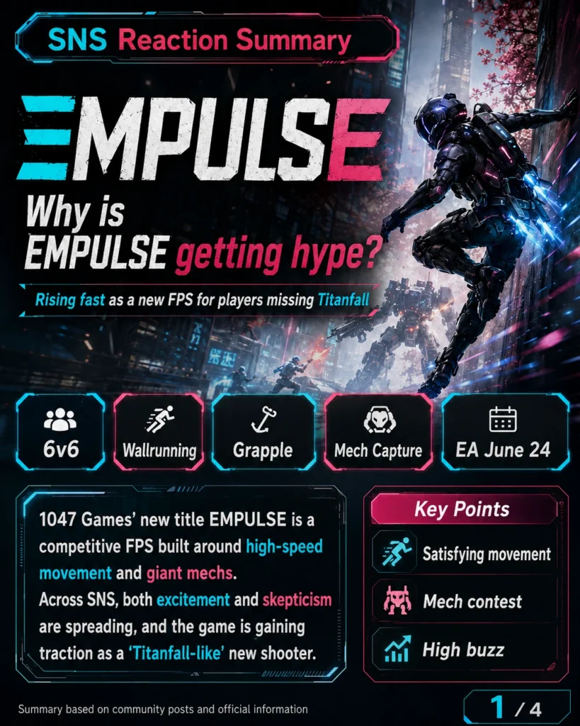 EMPULSE is presented as a fast 6v6 movement shooter gaining SNS hype for wallrunning, grappling, mech capture, and Titanfall-like gameplay.