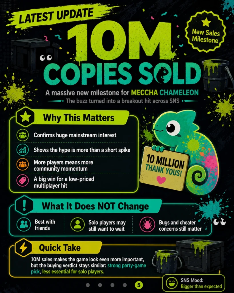 Latest MECCHA CHAMELEON update infographic highlighting the 10 million copies sold milestone, continued SNS momentum, and the unchanged buy-or-skip verdict.
