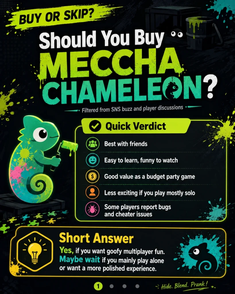 MECCHA CHAMELEON buy-or-skip infographic showing a quick verdict, best-with-friends appeal, solo-play concerns, bugs, and cheater issues.