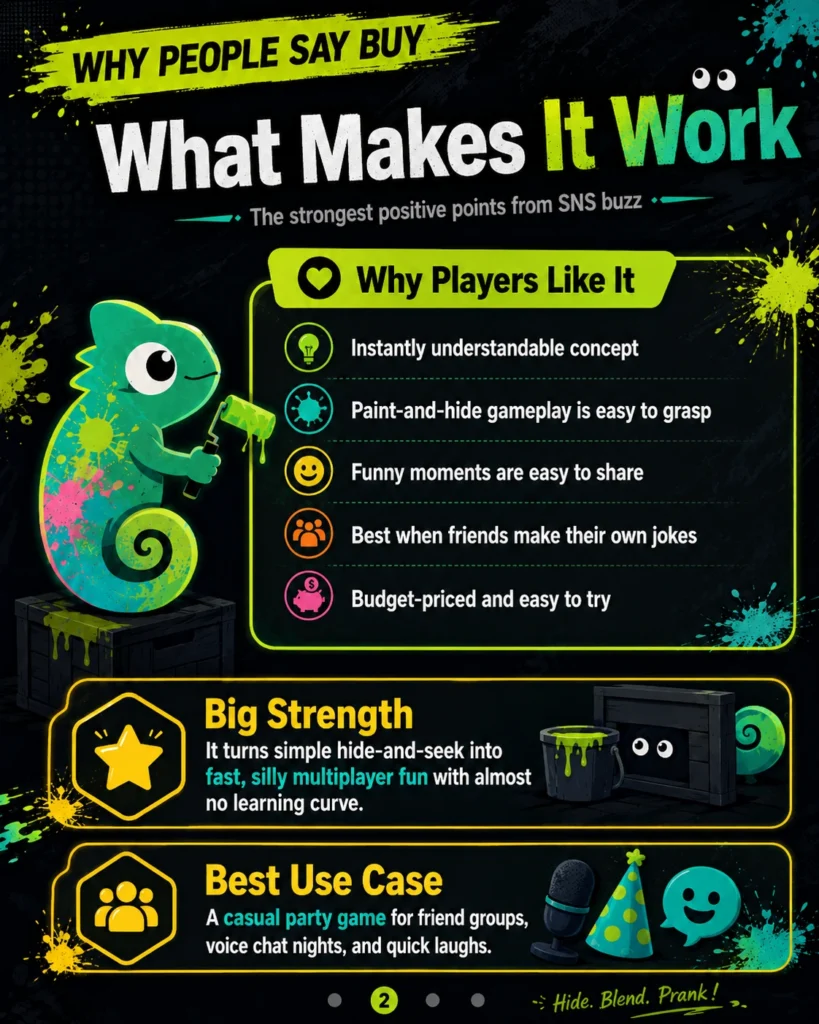 MECCHA CHAMELEON infographic explaining why players like its simple paint-and-hide gameplay, funny moments, friend-group appeal, and budget price.