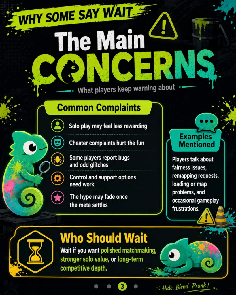 MECCHA CHAMELEON concerns infographic showing player complaints about solo value, cheaters, bugs, controls, and possible hype fatigue.