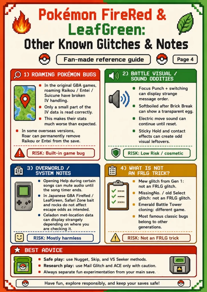 Infographic covering roaming Pokémon bugs, battle visual and sound glitches, Safari Zone issues, and glitches from other Pokémon games.