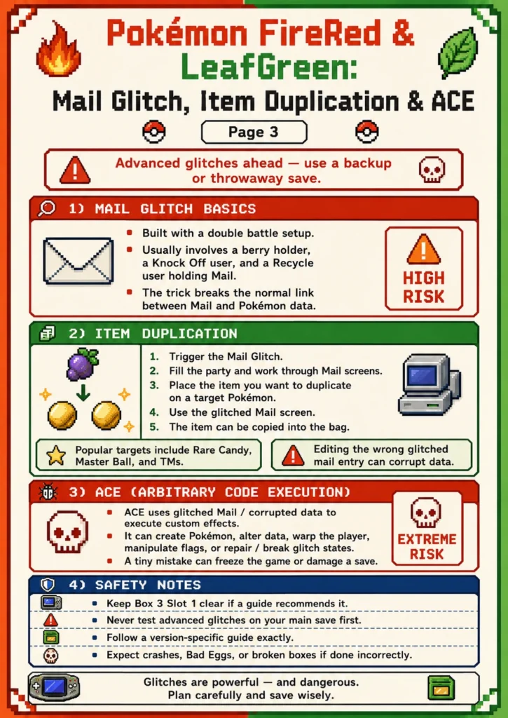 Infographic about the FireRed and LeafGreen Mail Glitch, item duplication, Arbitrary Code Execution, and save corruption risks.